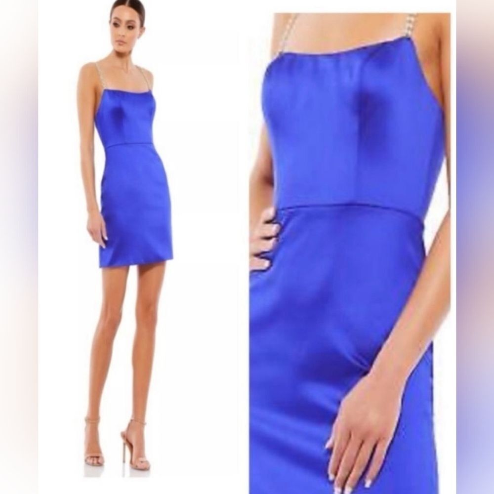 Ieena for Mac Duggal Blue Rhinestone Strap Satin Mini Dress NWT $238 Size 8